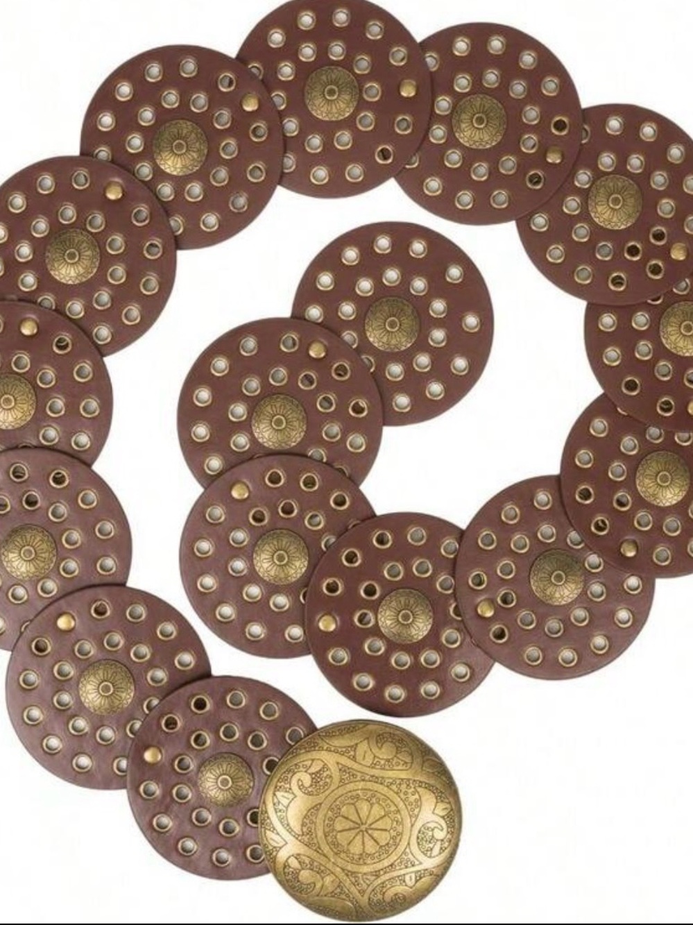 Round Brown Leather Belt with Decorative Brass Discs